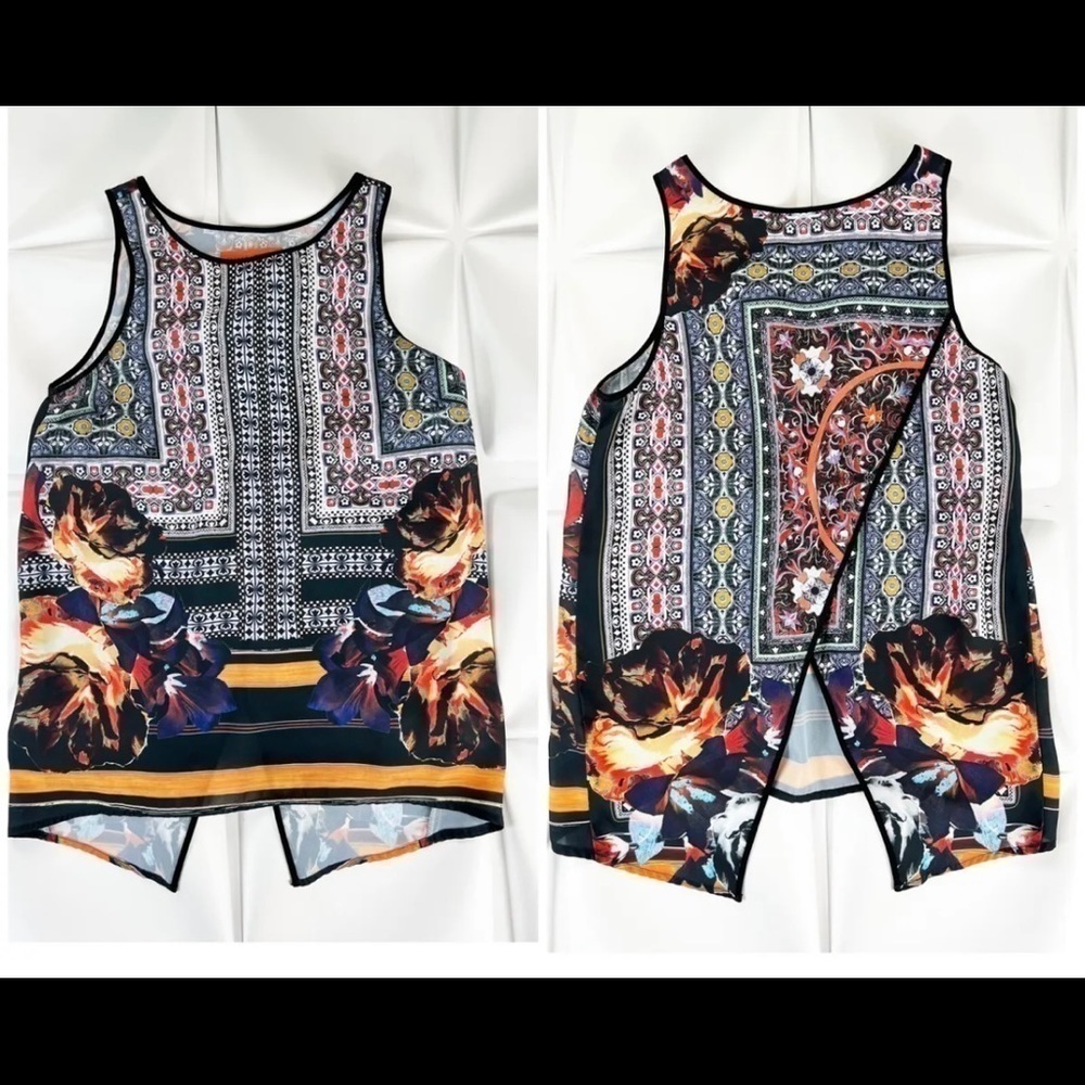 Clover Canyon Womens Sz S Floral Art Deo Split Back Tank Top Blouse